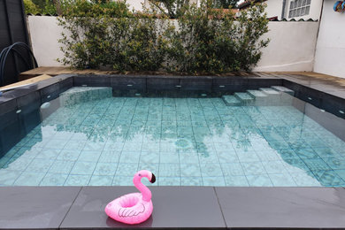 Cette photo montre une petite piscine à débordement et arrière rectangle avec un bain bouillonnant et une terrasse en bois.