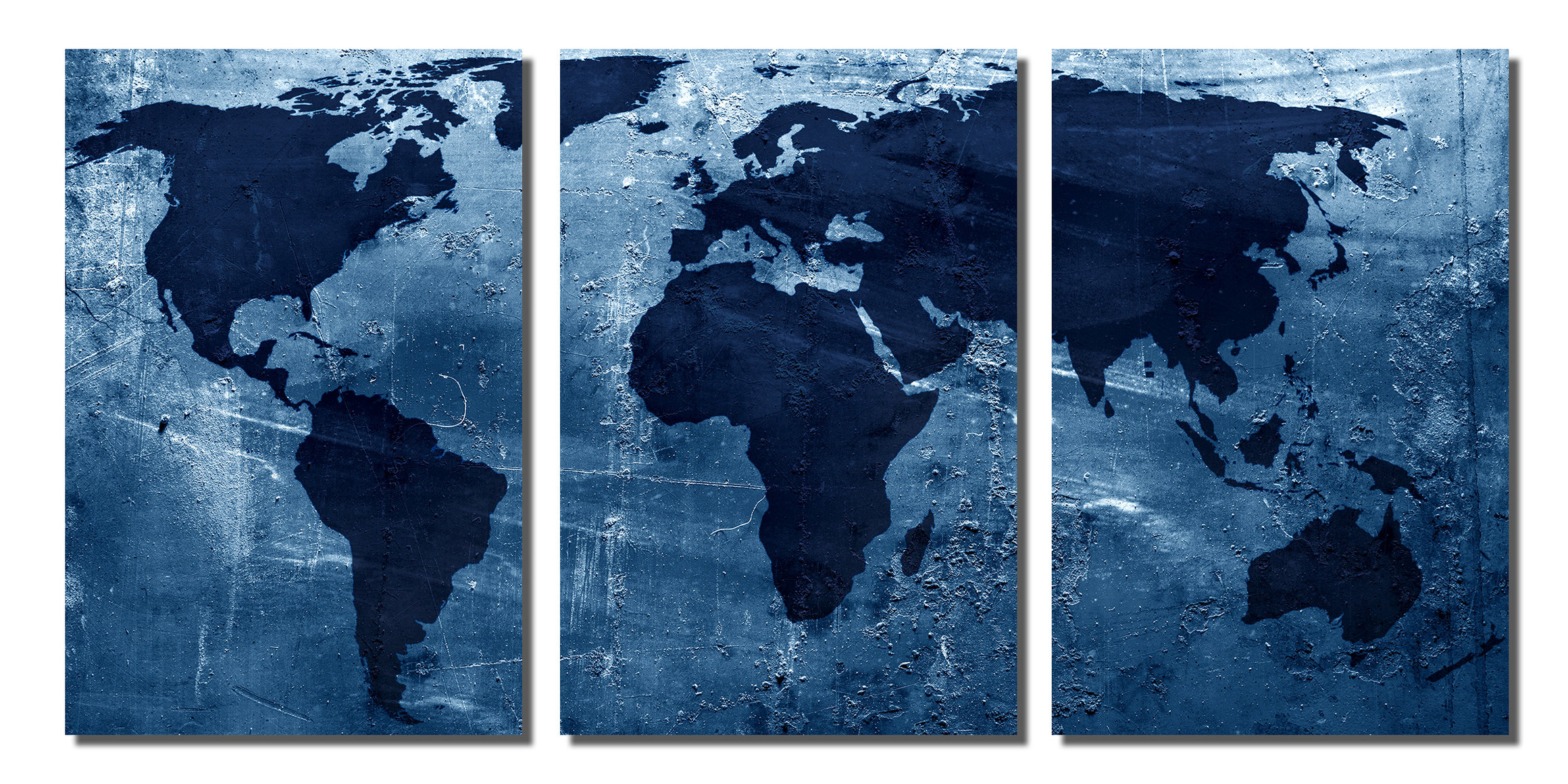 Blue World Map Metal Print Wall Art. 3 Panel split, Triptych HD ...