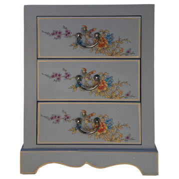 Chinese Mid Gray Vinyl Flower Birds 3 Drawers End Table Nightstand cs6161