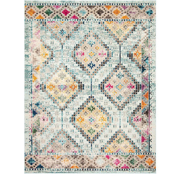 Contemporary Area Rug, Distressed Diamond Patterned Polypropylene, Blue/Yellow