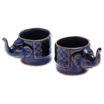 Novica Handmade Elephant Essence In Brown Celadon Ceramic Teacups (Pair)