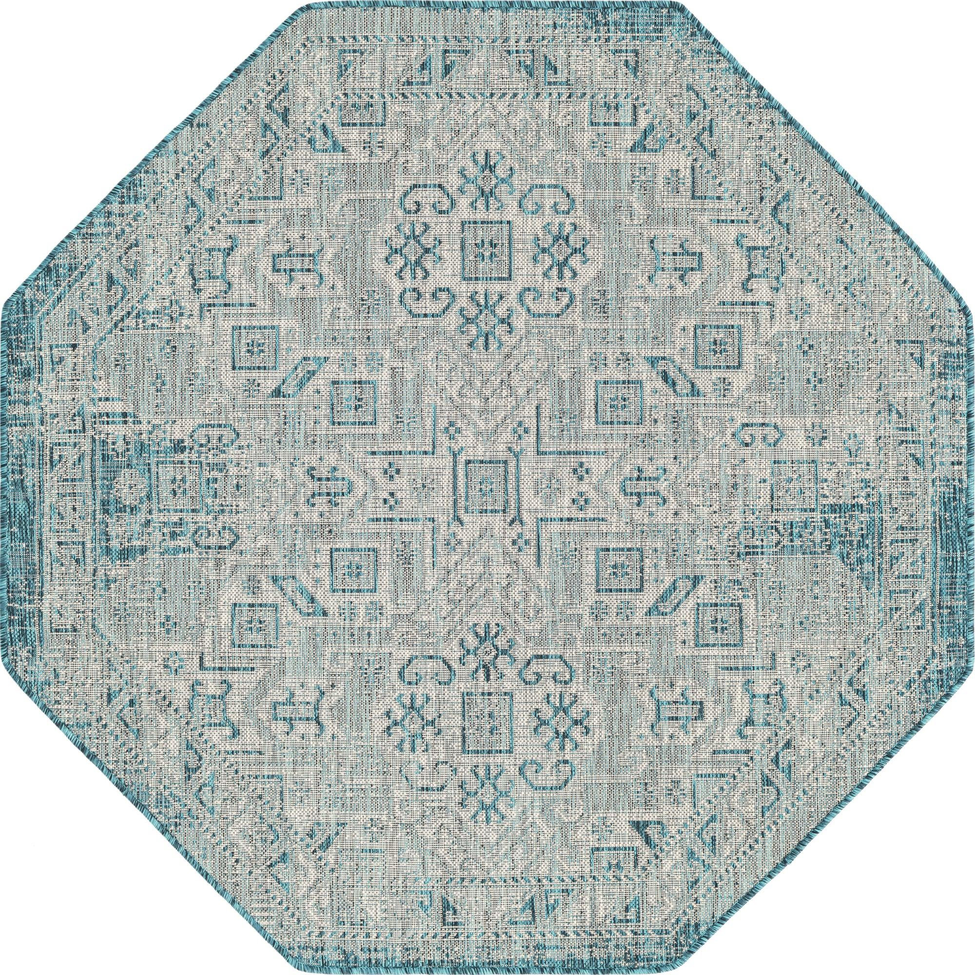 Rug Unique Loom Outdoor Aztec Teal Octagon 5' 3 x 5' 3 - Mediterranean ...