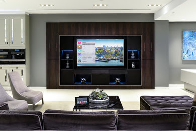 Design ideas for a large modern home theatre in Boise with a built-in media wall.