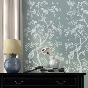 Birds and Berries Chinoiserie Wall Mural Stencil, DIY Asian Garden Decor, Small