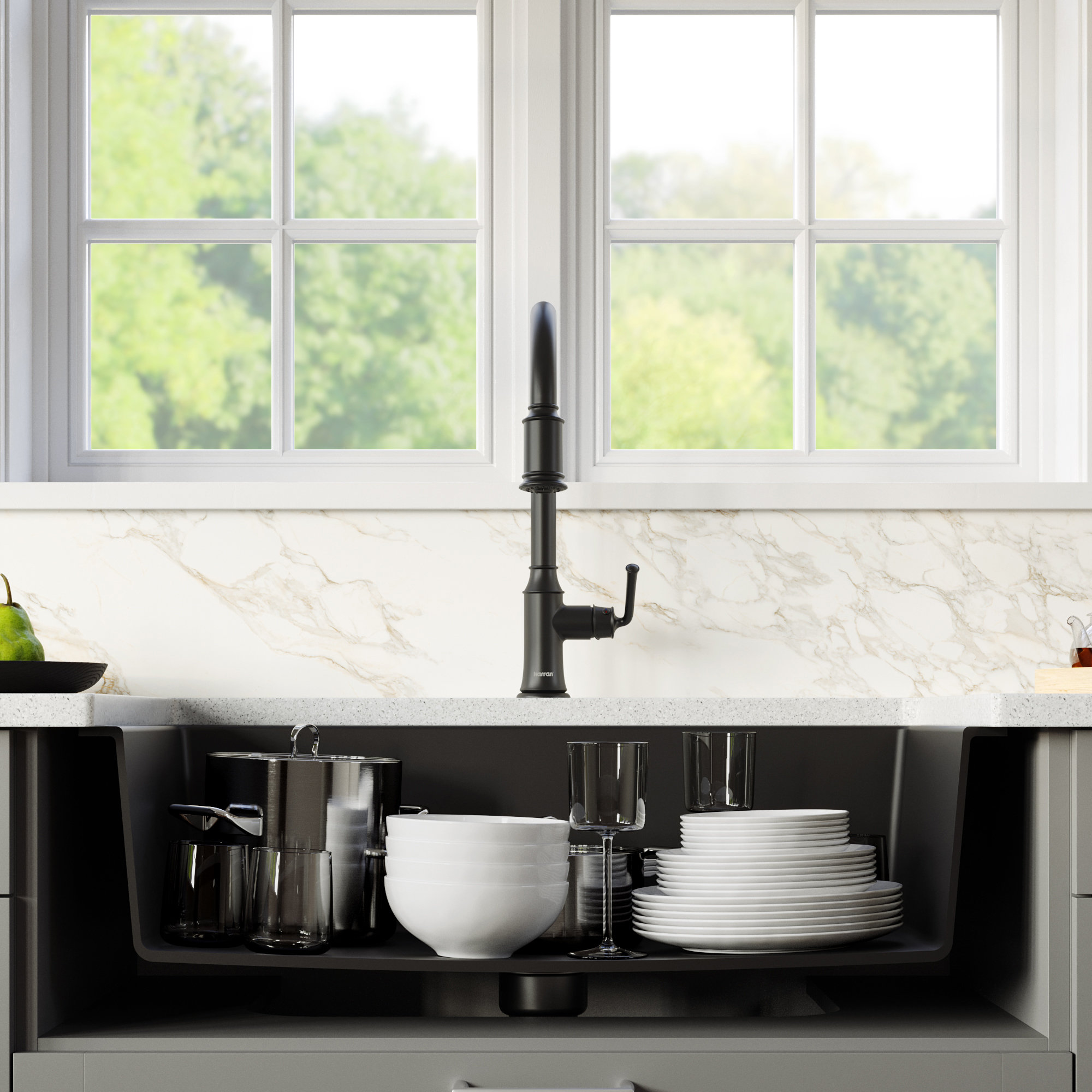 Karran Farmhouse/Apron-Front Quartz 34" Single Bowl Kitchen Sink, Black