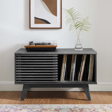 Vinyl Record Side Table Cabinet Stand, Charcoal Gray, Wood, Mid Century