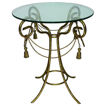Round Swag and Tassel Accent Table, Gold Metal Scroll Side Romantic