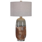 Uttermost - Uttermost Maggie Ceramic Table Lamp - This table lamp features a ceramic base finished in an earthy terracotta rust that transitions into a crackled green gray glaze, accented with brushed nickel plated details and a thick crystal foot. The hardback drum shade is a warm gray linen fabric with natural slubbing.
