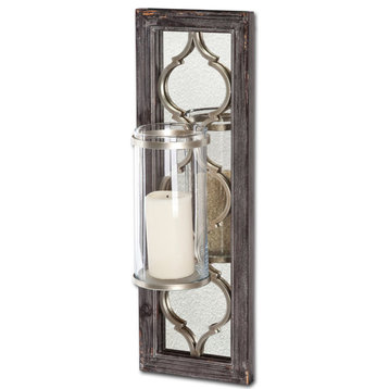 Umminal Antiqued Driftwood Frame w/ Glass & Silver Metal Wall Candle Holder