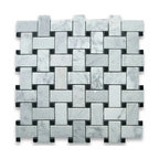 12"x12" Carrara White Basketweave Mosaic, Black Dots Polished, Chip Size: 1"x2"