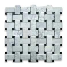 12"x12" Carrara White Basketweave Mosaic, Black Dots Polished, Chip Size: 1"x2"