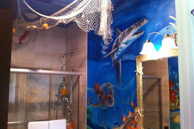 Inspiration for a small tropical bathroom remodel in Chicago with recessed-panel cabinets and white cabinets