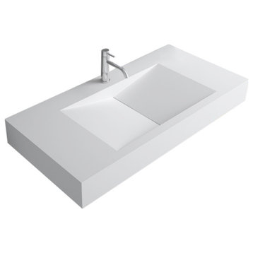 Wall-Mount Floating Sink Solid Surface Stone Resin Bathroom V-Shaped Sink, Glossy White