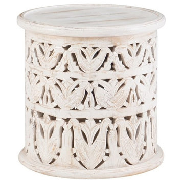 Maklaine Modern Wood Hand Carved Side Accent Table in White Finish