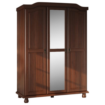100% Solid Wood Kyle 3-Door Wardrobe With Mirror, Mocha