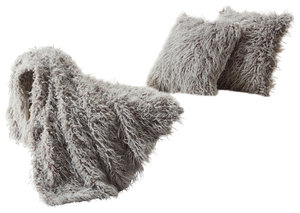 Mongolian Faux Fur 3 Piece Throw Blanket and Pillow Shell Set, Gray, 50"x60"