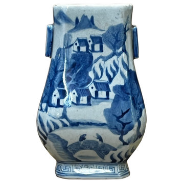 Chinese Blue White Porcelain Small Oriental Scenery Theme Vase Hws2982