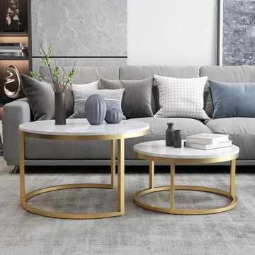 Nordic Style Coffee Table Gold Metal & White Marble Living Room Accent Table wit