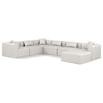 Meridian Furniture - Cube Upholstered Modular Sectional, Cream, 7-Piece: 3 Armless Chair, 3 Corner Chair, 1 Ottoman, Vegan Leather - Elevate your space with the luxurious Cube Vegan Leather Modular Sectional. This modular sectional exudes modern elegance, charm, and comfort making it a perfect addition to any contemporary living space. Its clean lines and cube shape are reminiscent of minimalist design, while the plush cream vegan leather upholstery adds a touch of luxury and sophistication. The chair's versatile construction and geometric aesthetic seamlessly integrate into various design styles, from sleek living rooms to chic home offices, embodying the essence of modern design and creating a sense of order and tranquility in your space.