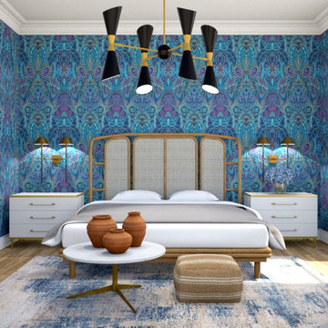 Midcentury Bedroom with a bold Wallpaper