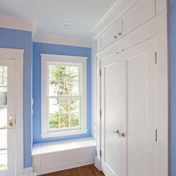 Blue and white back entry into Kitchen