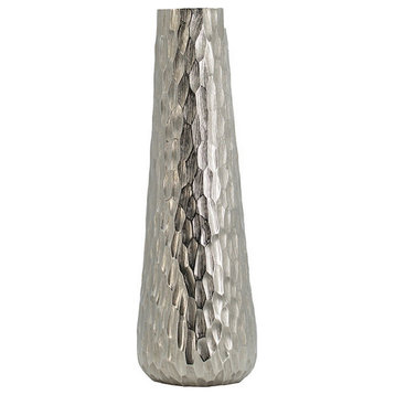 19" Contemporary Tall Oblong Vase, Silver Aluminum, Hammered Texture