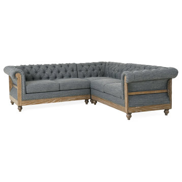 Sectional Sofa, Birch Frame With Button Tufted Back & Rolled Arms, Charcoal