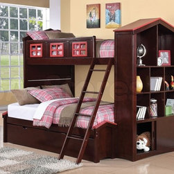 Coyle Espresso/Red Twin/Full Bunk Bed with Bookcase and Trundle - Bunk Beds
