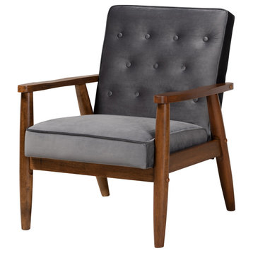Sorrento Gray Velvet Fabric Walnut Wooden Lounge Chair