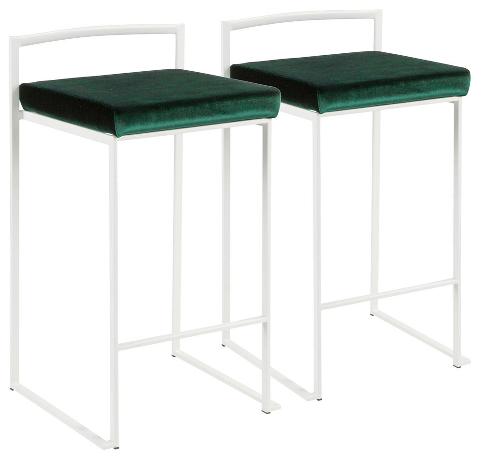 LumiSource Fuji Counter Stool Set of 2, Green Velvet Cushion, White Frame