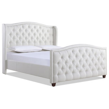 Marcella Upholstered Tufted Shelter Wingback Panel Bed, Bright White Polyester, Queen