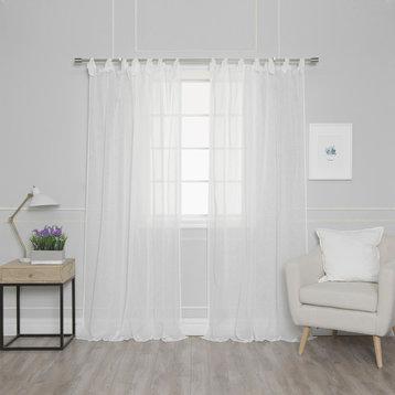 Sheer Linen Look Romantic Tie Top Curtains, White