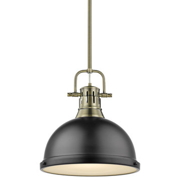 Duncan 1 Light Pendant, Rod in Aged Brass with a Matte Black Shade