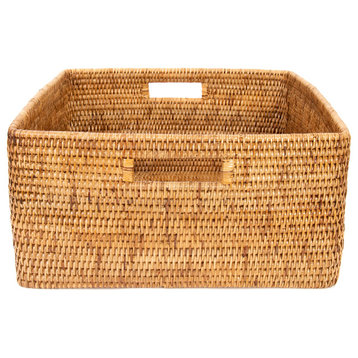 Artifacts Rattan Square Storage Basket With Rounded Corners, Honey Brown