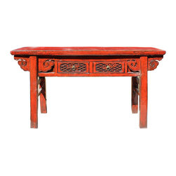 Chinese Distressed Red 2 Drawers Side Pedestal Console Table cs2980 - Console Tables