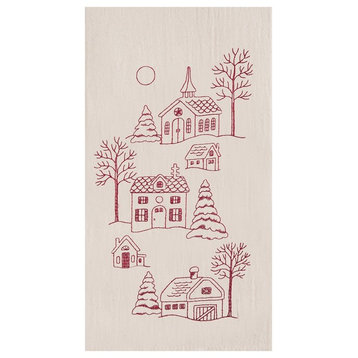 Peaceful Wintry Village Holiday Embroidered Kitchen Dish Towel Cotton