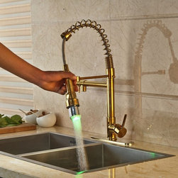 Gold Finish LED Kitchen Faucet with Pullout Tap & Mixer - Kitchen Faucets