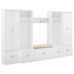 Crosley Furniture - Harper 6-Piece Entryway Set, White, Bench, Shelf, Pantry Closets and Hall Trees - The Harper 6pc Entryway Set offers a great combination of storage solutions for your foyer or mudroom. The pantry closets contain adjustable and removable shelves, plus full-extension drawers. Without the shelves, the pantry closets offer hanging storage when you add the additional double hooks. Each hall tree provides more hooks for hanging storage, plus full-extension drawers. Tucked between the pantry closets and hall trees is an entryway bench with a cushioned seat and a wall-mounted shelf. Featuring label holder hardware, each storage drawer can be customized with personal labels. Every component of the Harper 6Pc Entryway Set is modular, allowing for flexibility and the look of genuine built-in storage.