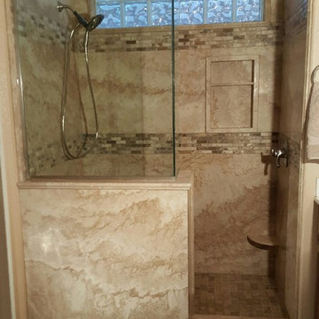 ForzaStone Walnut Cross Cut Travertine Walk In Shower