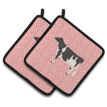 Carolines Treasures  Holstein Cow Pink Check Pair of Pot Holders