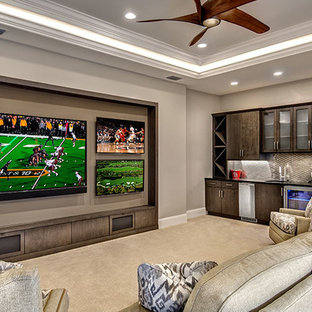 Classic enclosed home cinema in Tampa with grey walls, carpet and a wall mounted tv.