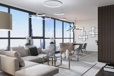 Mid-sized trendy porcelain tile and gray floor enclosed dining room photo in Other with white walls and no fireplace