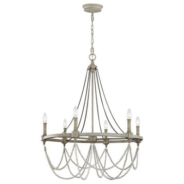 Beverly 6 Light 28" Chandelier, French Washed Oak-Distressed White Wood