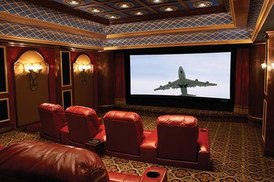 Design ideas for an eclectic home theatre in San Diego.