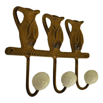 Jug Cast Iron Wall Mounted Garden Jug Design 3-Key/Coat Hooks, Brown/White