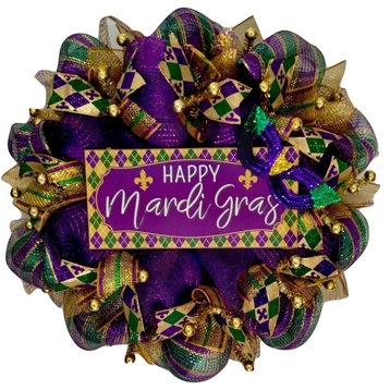 Happy Mardi Gras Wreath Handmade Deco Mesh 24 inch or 28 inch diameters, 28 Inch