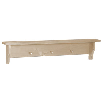 Farmhouse Pine Storage Shelf with Pegs, Country Tan, 3 Foot