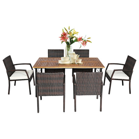 Costway 7PCS Patio Rattan Dining Set Chair Wooden Table Top W/Umbrella Hole