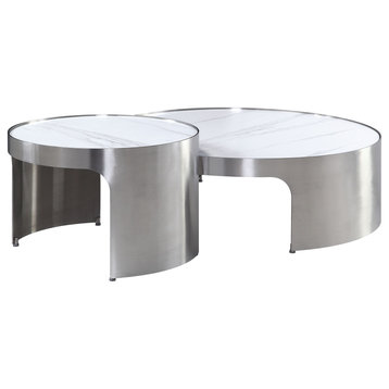 ACME Abilene Nesting Cocktail 2-Piece Set, Marble and Brush Silver