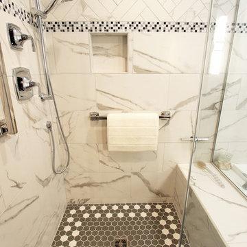 White and Gray MasterBath with Marble Look and Herringbone Tiled Shower